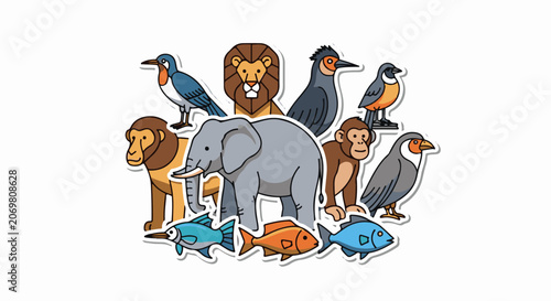 A colorful group of animals including a lion elephant monkey and various fish and birds