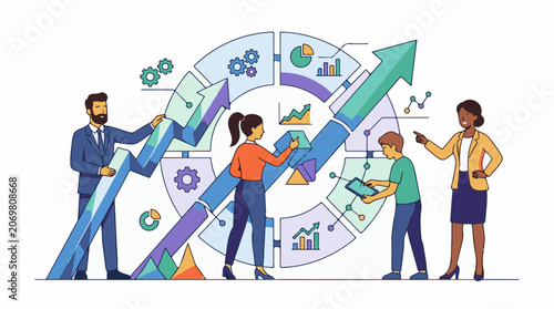 Colorful business team assembling large arrow graphs
