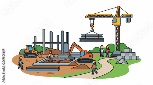 Construction site with workers and crane.