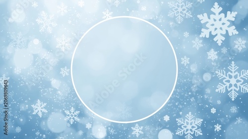 Winter, snowflake background, frosty blue template, circle frame