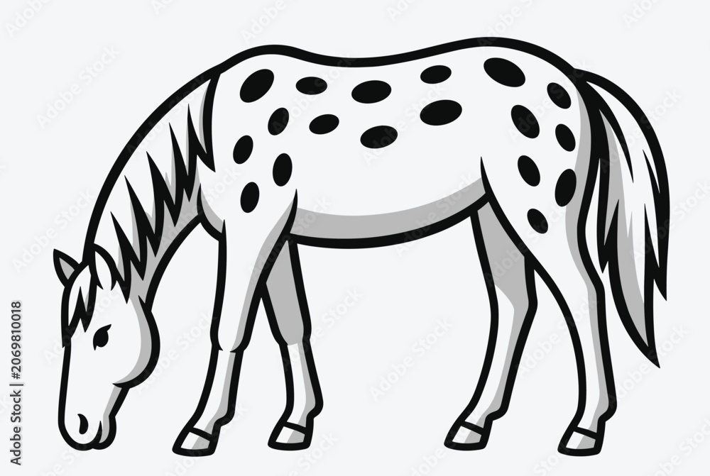 Obraz premium Spotted white horse grazing peacefully with its head lowered in a clean and simple vector cartoon style.