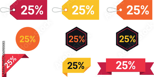 25 percent discount promotional sale tag set for retail shopping clearance, special e-commerce offer, market marketing campaign banner, and price reduction vectors.
