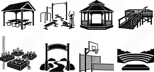 Schilderij op canvas Community Park Facilities Silhouette Collection with Gazebo Playground Garden an