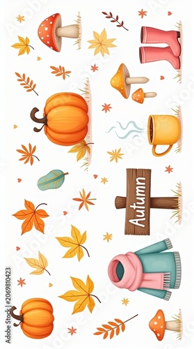 Autumn watercolor sticker set with pumpkins and fall leaves, cozy seasonal illustration collection, orange and yellow harvest elements on white background
