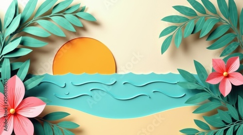 Tropical beach landscape with paper art style flowers and ocean waves at sunset