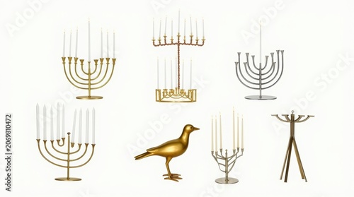 Set of metal candle holders and a golden bird sculpture for home decor and design