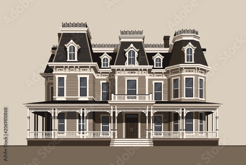 Historic Victorian mansion with detailed architecture, bay windows, and a large front porch in neutral tones.