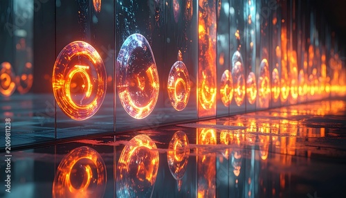 Futuristic Glowing Orbs in a Neon Lit Industrial Hallway.