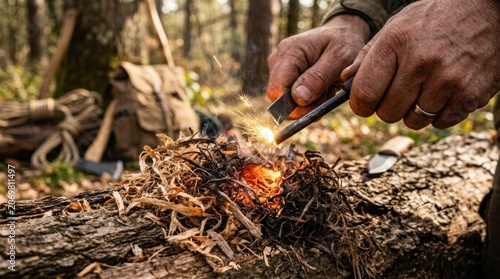 A man skillfully uses a ferro rod to create a spark and ignite a pile of dry tinder in a forest setting.