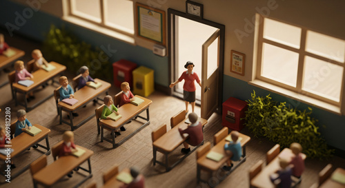 Miniature School Classroom Diorama with Teacher and Students