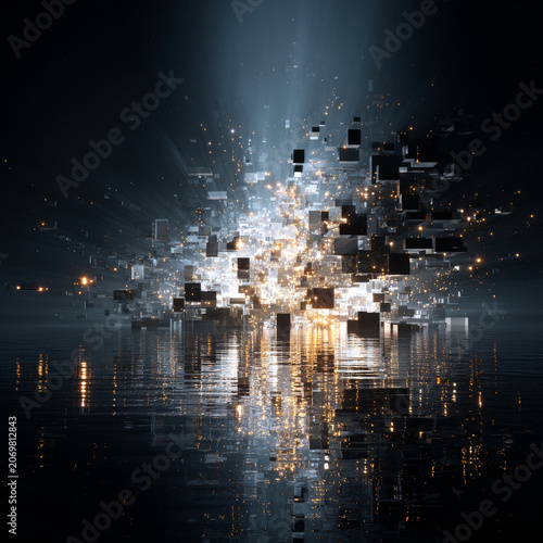 Abstract digital art explosion with glowing cubes and light rays reflecting on water surface in dark space