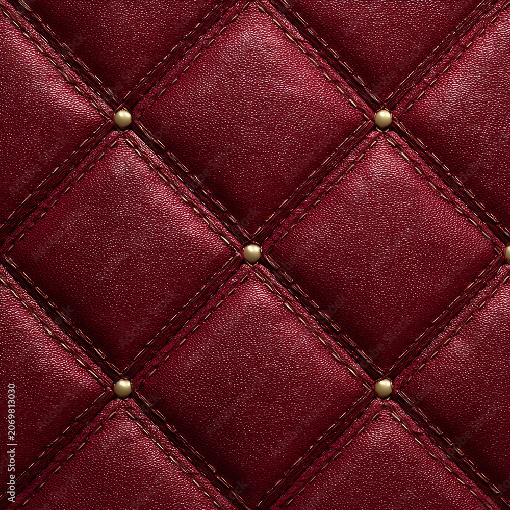 Naklejka premium Red leather quilted pattern with gold studs, high resolution seamless texture showing detailed stitching and soft padded surface