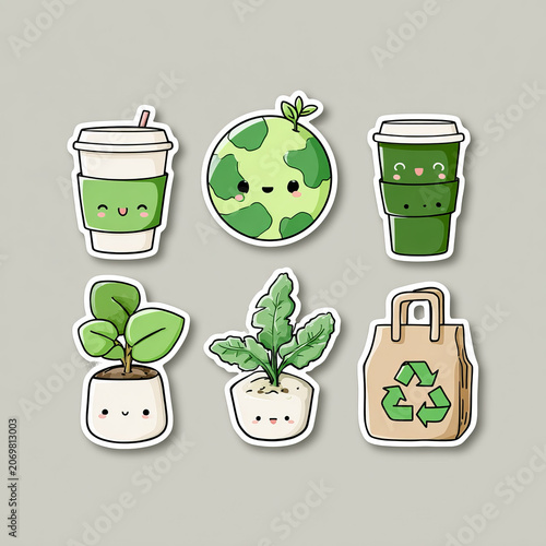 Cute eco friendly sticker set with green earth, coffee cup, plant, and reusable bag showing happy faces and environmental theme