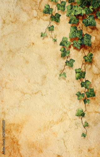 Vintage watercolor aged paper background with green ivy leaves hanging down, creating natural and rustic atmosphere