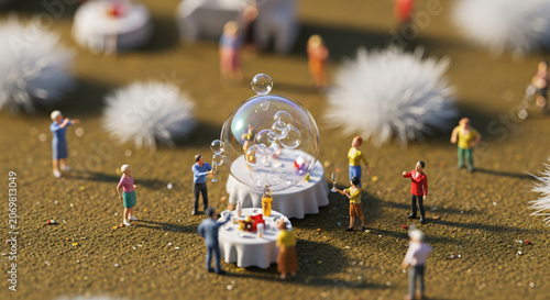 Miniature Social Gathering at Outdoor Party with Large Soap Bubbles