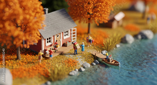 Miniature Tilt-Shift Model of People Arriving at Lakeside Cabin