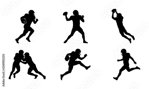 Fotografie American Football Player Silhouettes, Action Poses Vector Set: Running, Throwing