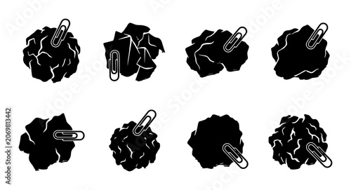 Принти на полотні Crumpled Paper Ball Icons, Black Silhouette Vector Graphics, Set of 8, Office Su