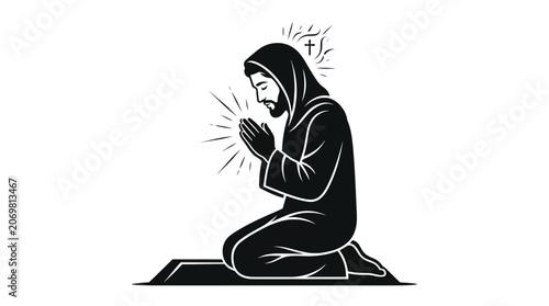 Bild auf Leinwand Man Praying Kneeling on Mat, Religious Symbol, Faith, Spirituality, Hope
