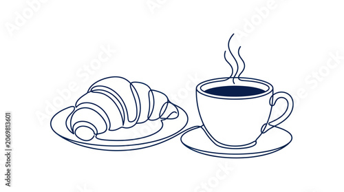 Simple Line Drawing of Croissant and Hot Coffee Cup on White Background