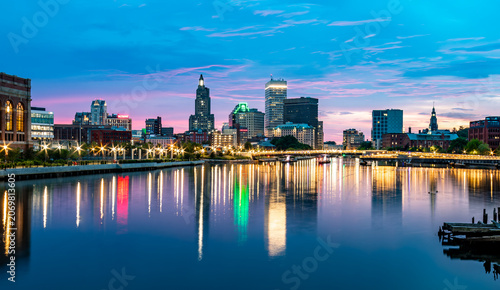 Providence Skyline Reflections At Colorful Blue Hour