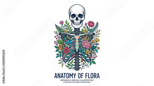 Skeleton with Flowers and Leaves - Anatomy of Flora Illustration
