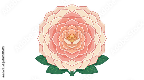 Stylized Blooming Rose Flower with Green Leaves, Delicate Petals, Floral Art
