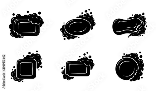 Canvastavla Six Black Soap Icons with Bubbles, Hygiene and Cleaning Vector Set, Simple Bar S