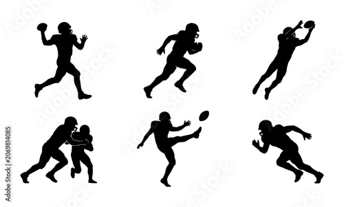 Bild auf Leinwand American Football Player Silhouettes, Action Poses Vector Set: Quarterback Throw