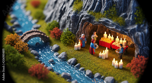 Miniature Diorama of People Gathering in Candlelit Cave by a Stream
