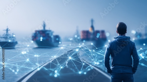 Person Observing Cargo Ships with Digital Network Connections at Port
