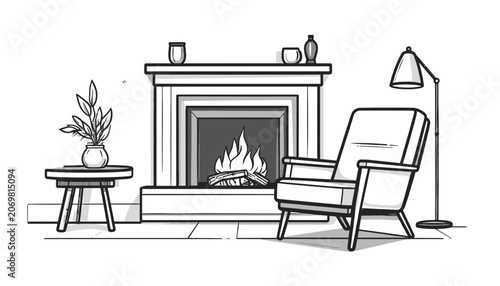 A chair sitting by a fireplace.