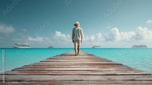 Man Walking on Pier Overlooking Tropical Sea with Cruise Ships