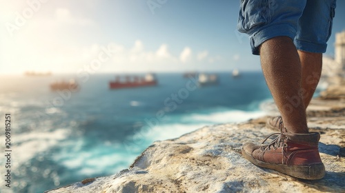 Young Man Standing on a Rocky Edge Overlooking Calm Ocean View