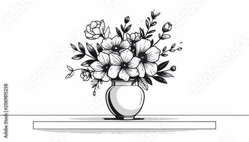 Black and white flowers in vase.