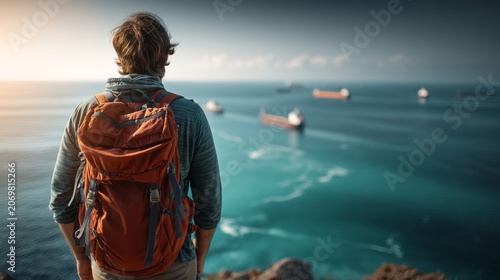 Adventurous Traveler Overlooking Ocean with Cargo Ships in Distance