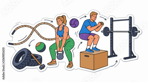 A colorful illustration of people exercising with various gym equipment