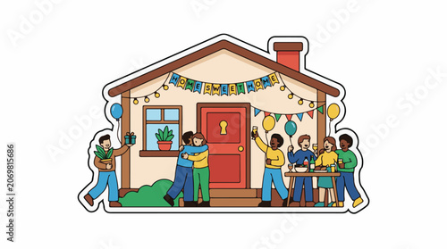 A housewarming party with a group of friends celebrating outside a cozy house