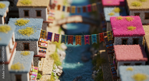 Miniature model village diorama with colorful flags and stone houses
