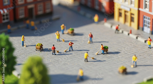 Miniature City Square with Tiny Figures Sweeping Cobblestone Streets