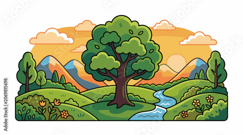 Serene landscape with tree and stream.