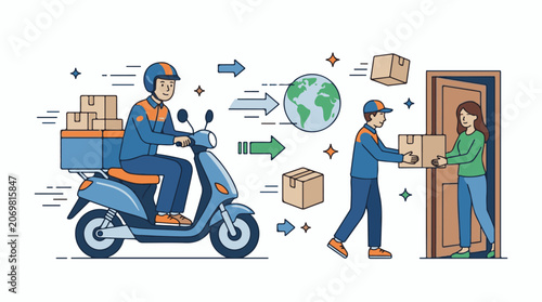 Delivery person on scooter with boxes and two people exchanging a box