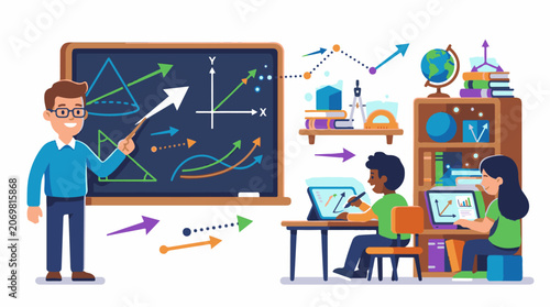 A teacher illustrates mathematical concepts on a chalkboard for students