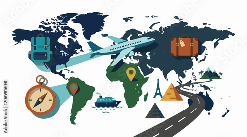 A colorful illustration of a world map with travel-related icons