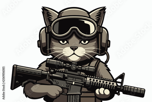 Cool cartoon illustration features a tactical combat cat wearing a helmet, goggles, and holding an assault rifle.