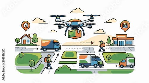 A colorful illustration of a drone delivering a package to a house