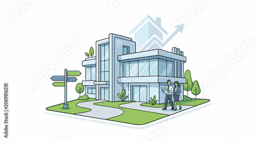 A modern building with two people walking on the sidewalk
