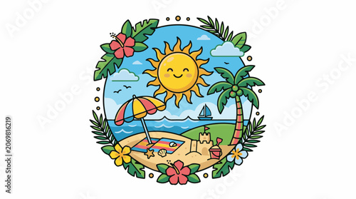 Smiling Sun Beach Tropical Vacation Scene.