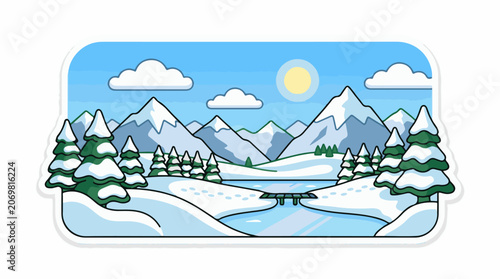 Snowy mountain landscape with frozen lake.
