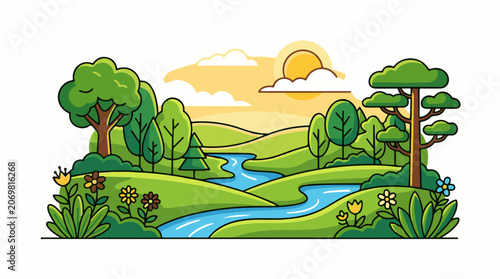 Serene landscape with rolling hills trees.